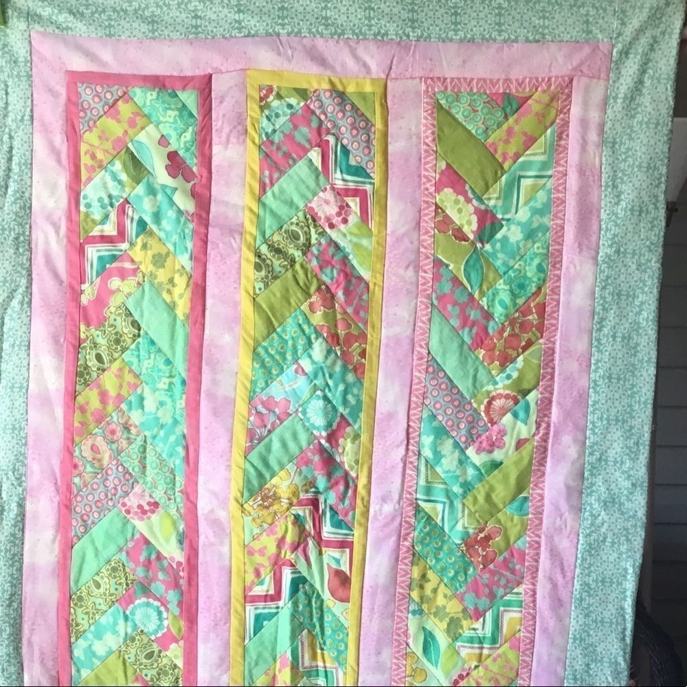 Handmade Quilt. Spring Pinks and Greens Braided